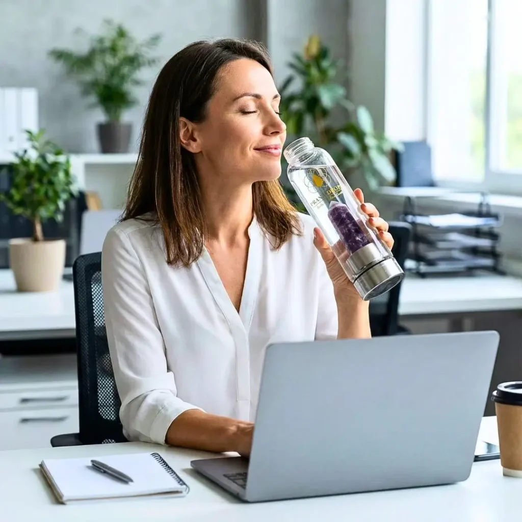 Professzionális nő tudatos szünetet tart ametiszt kristálykulaccsal laptop előtt modern irodában - Prana Drops munkahelyi wellness