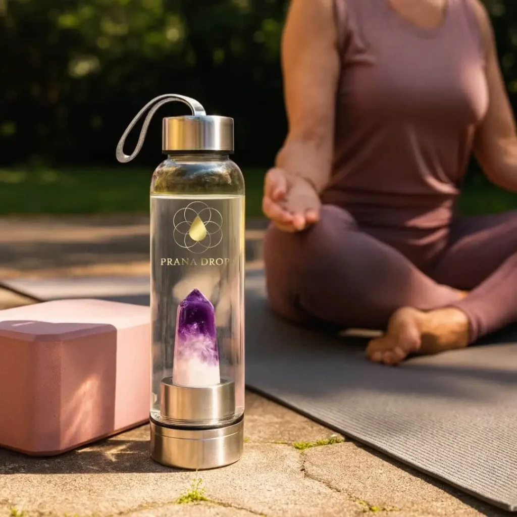 Prana Drops ametiszt kristálykulacs jóga matrac mellett, háttérben meditáló nő napfényes kertben