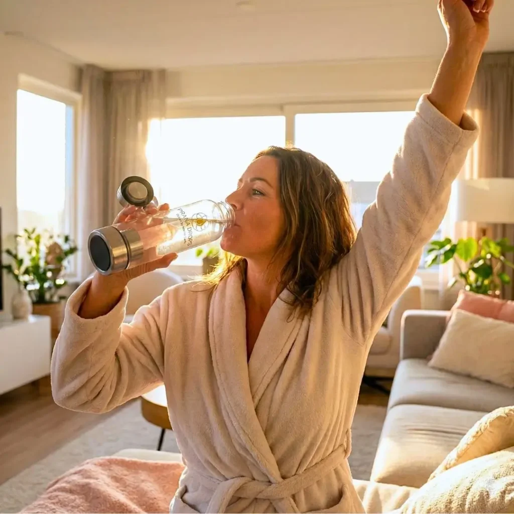 Nő reggeli nyújtózás közben rózsakvarc kristálykulaccsal köntösben napfényes nappaliban - Prana Drops reggeli rituálé