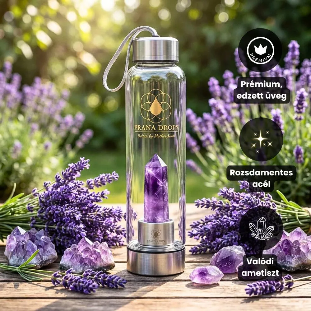 Prana Drops ametiszt kristálykulacs edzett üvegből, rozsdamentes acél elemekkel, valódi ametiszt ásványbetéttel, levendulás környezetben