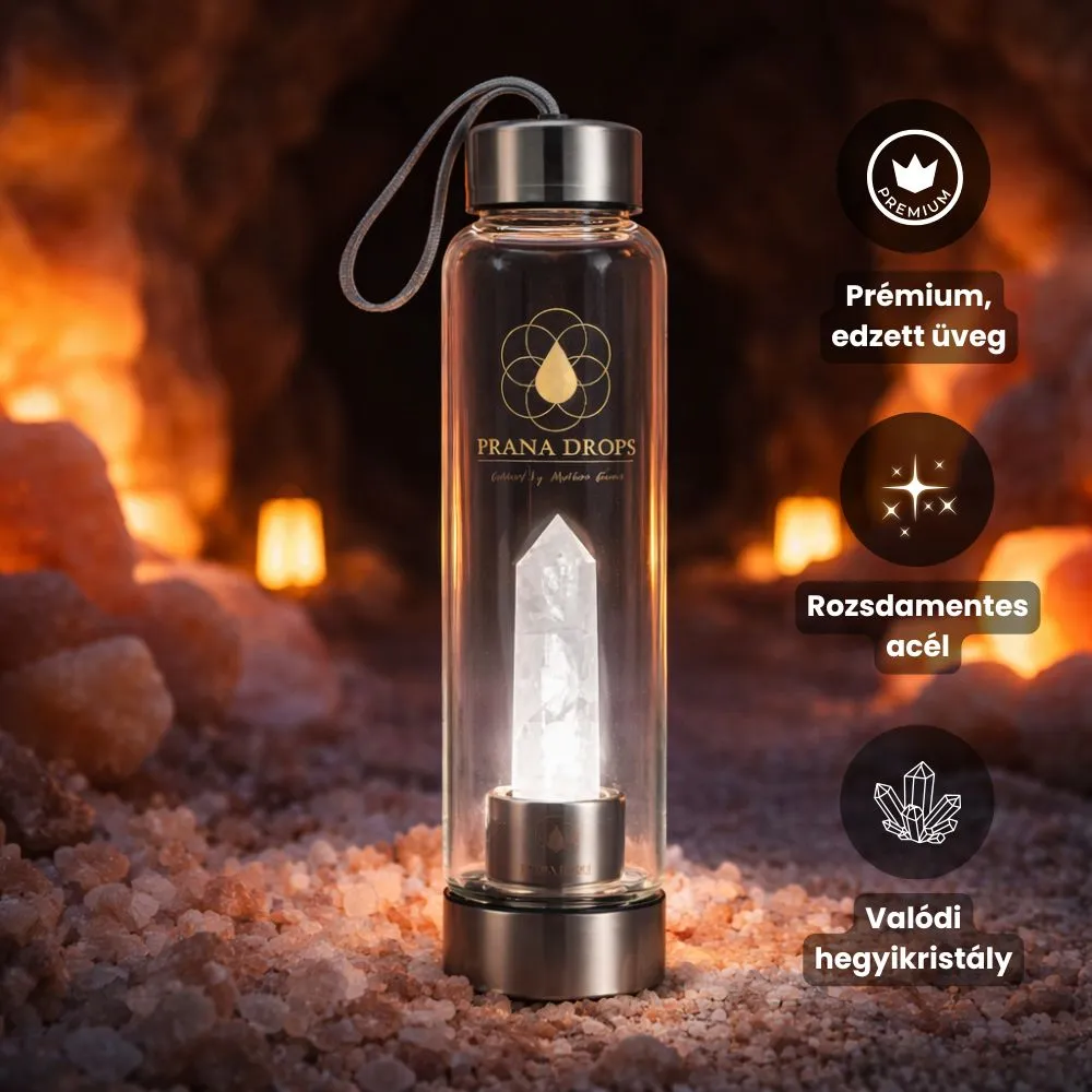 Prana Drops prémium hegyikristályos kulacs edzett üvegből, rozsdamentes acél elemekkel és valódi hegyikristály ásványbetéttel
