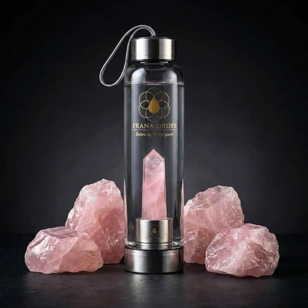 Prana Drops kristályokkal teli kulacs rózsakvarc kövekkel