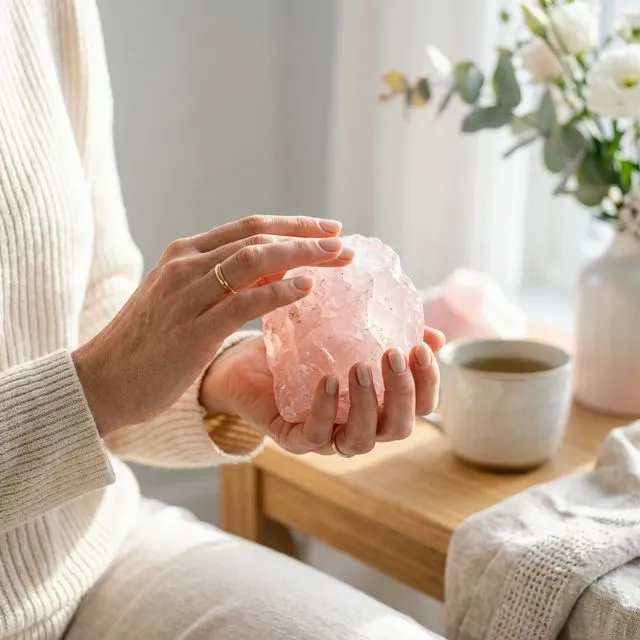 Meditáció és odafigyelés - vásárló egy rózsakvarc kristályt tart a kezében a nyugalom és belső harmónia megtapasztalásához